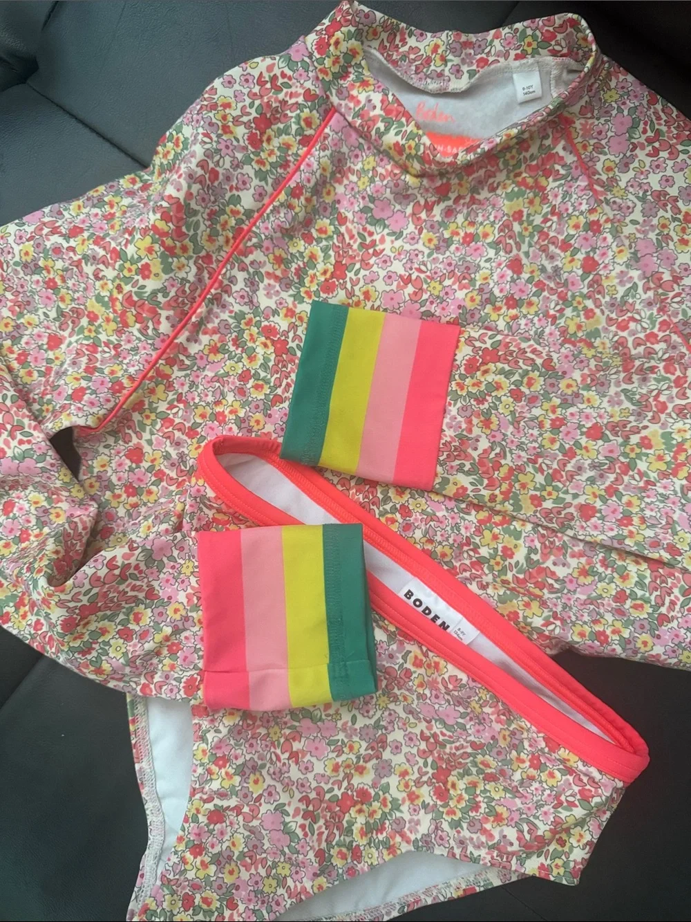 Boden Girls Floral Rash Guard Set in Pink with Rainbow Trim